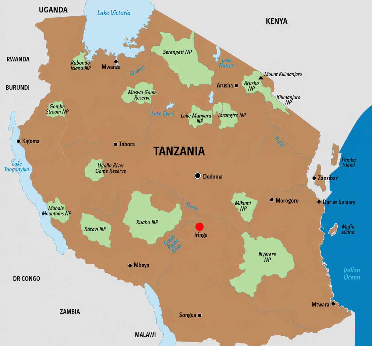 Map showing national parks and conservation areas in Tanzania